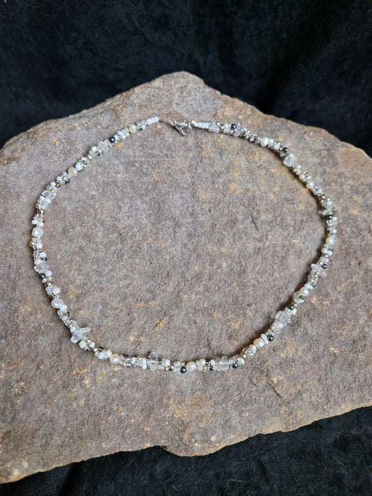 Pearl, Quartz & Silver Triple Strand Necklace