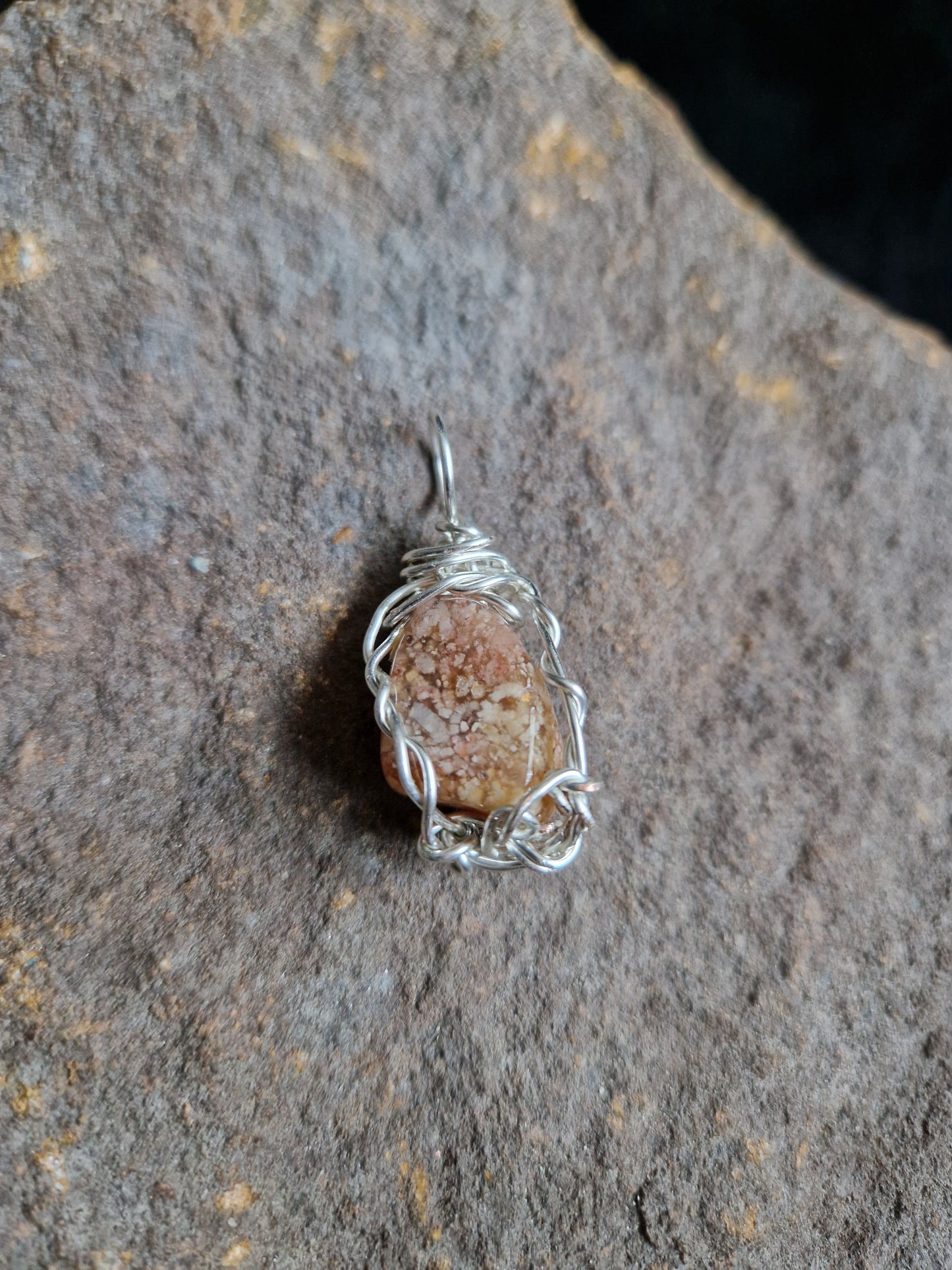 Wire Wrapped Flower Agate Pendant