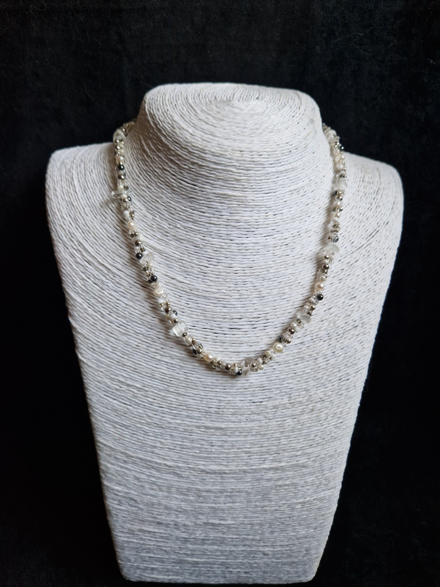 Pearl, Quartz & Silver Triple Strand Necklace