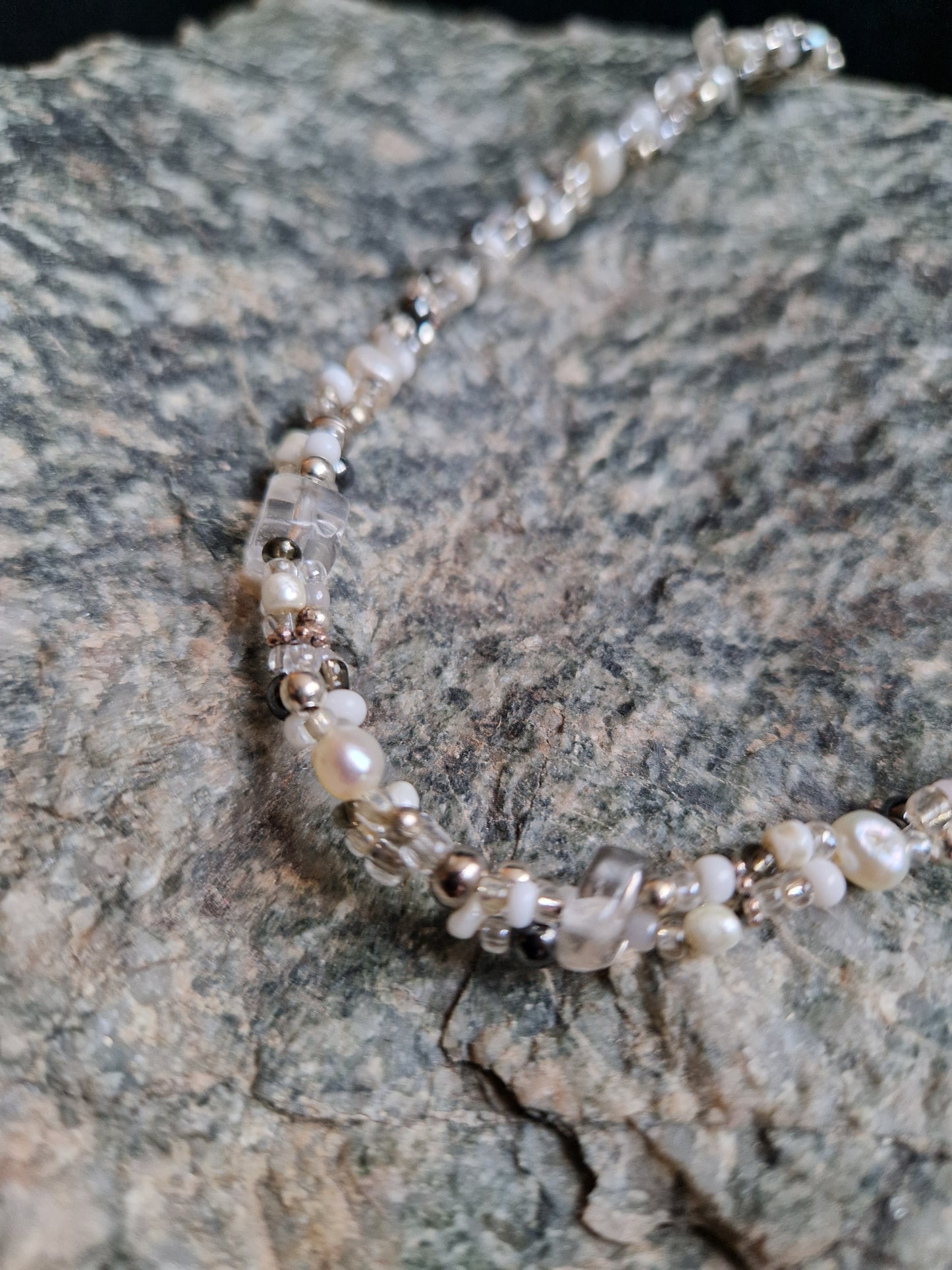 Pearl, Quartz & Silver Triple Strand Necklace